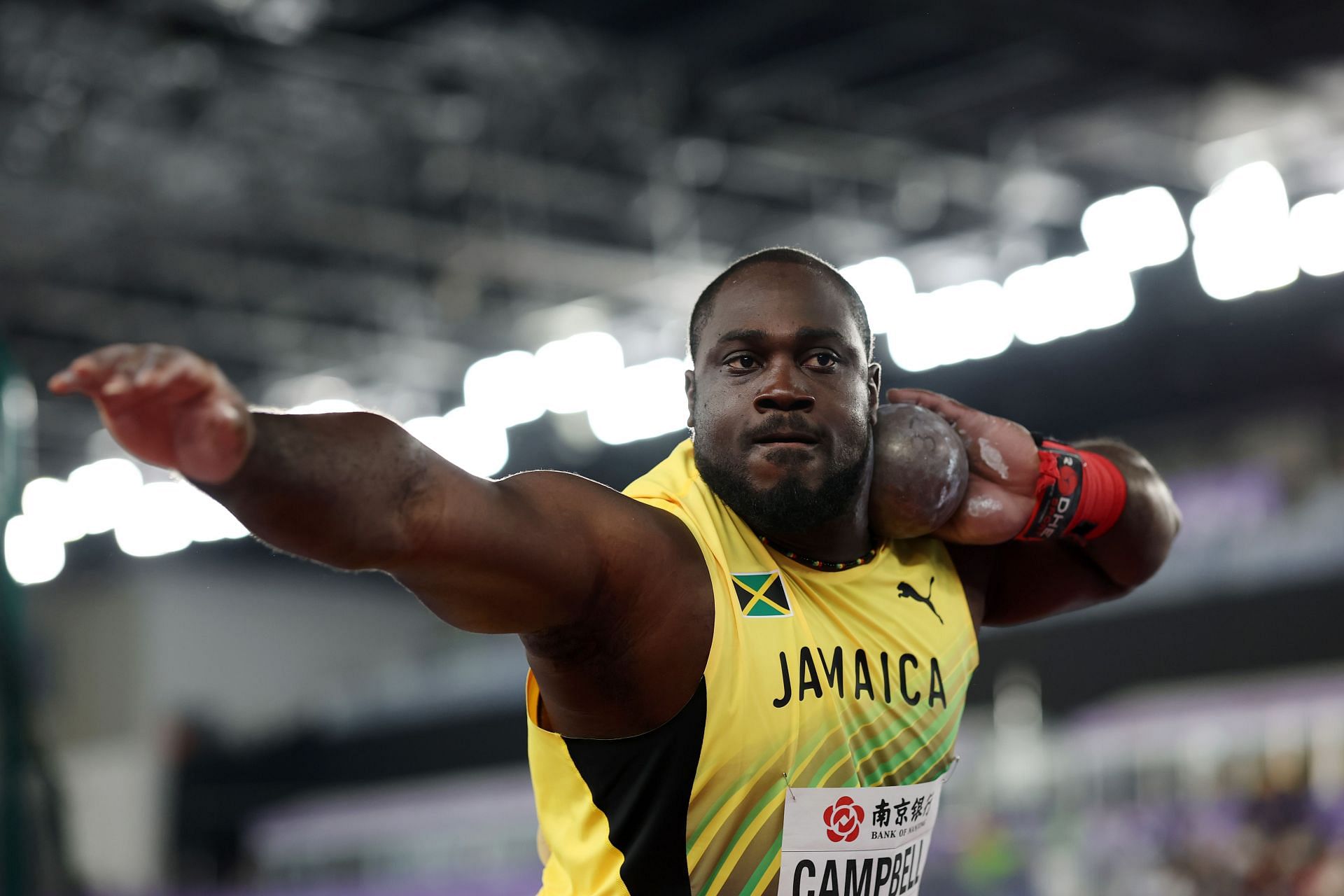 Rajindra Campbell during an indoor meet representing Jamaica (Image via: Getty)